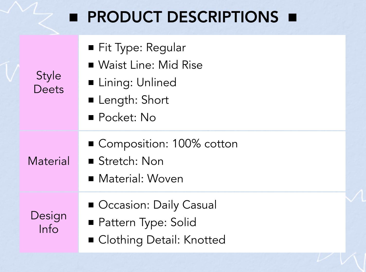 Cider [3 colors, size 2-26] 100% Cotton Mid Rise Solid Knotted Mini Skirt