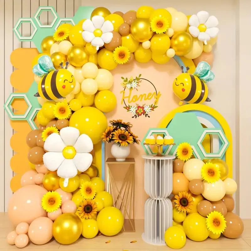 117PCS Bee Balloon Garland Arch Kit, Yellow Gold Sunflower Daisy Latex Balloons with Bee Foil Balloons, Honey Bee Themed Party Decor for Baby Shower Kids Birthday