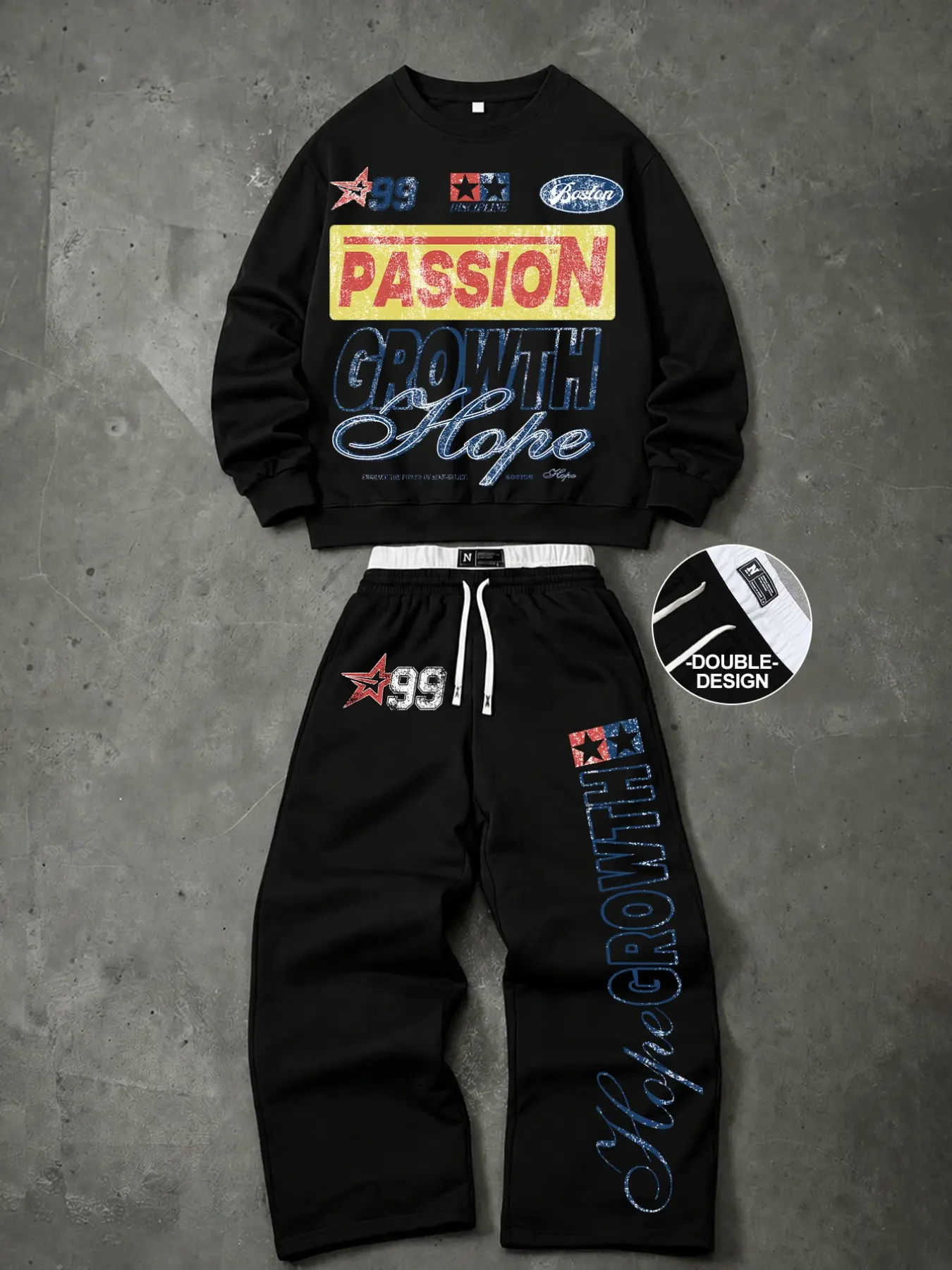 Vintage Letter Print Sweatshirt & Sweatpants Two Piece Set Loose Fit Oversized Crewneck Pullover and Wide Leg Pants Matching Set for Fall Back to School