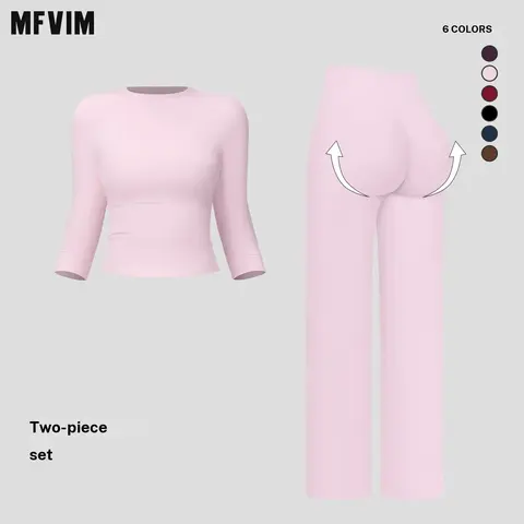 MFVIM Women's 2-Piece Solid Fitness Sports Suit - Loose-Fit Long Sleeve Top & High-Waisted Rolled Waist Pants, Matching Workout Sets for Yoga, Casual Activewear, Gym Use