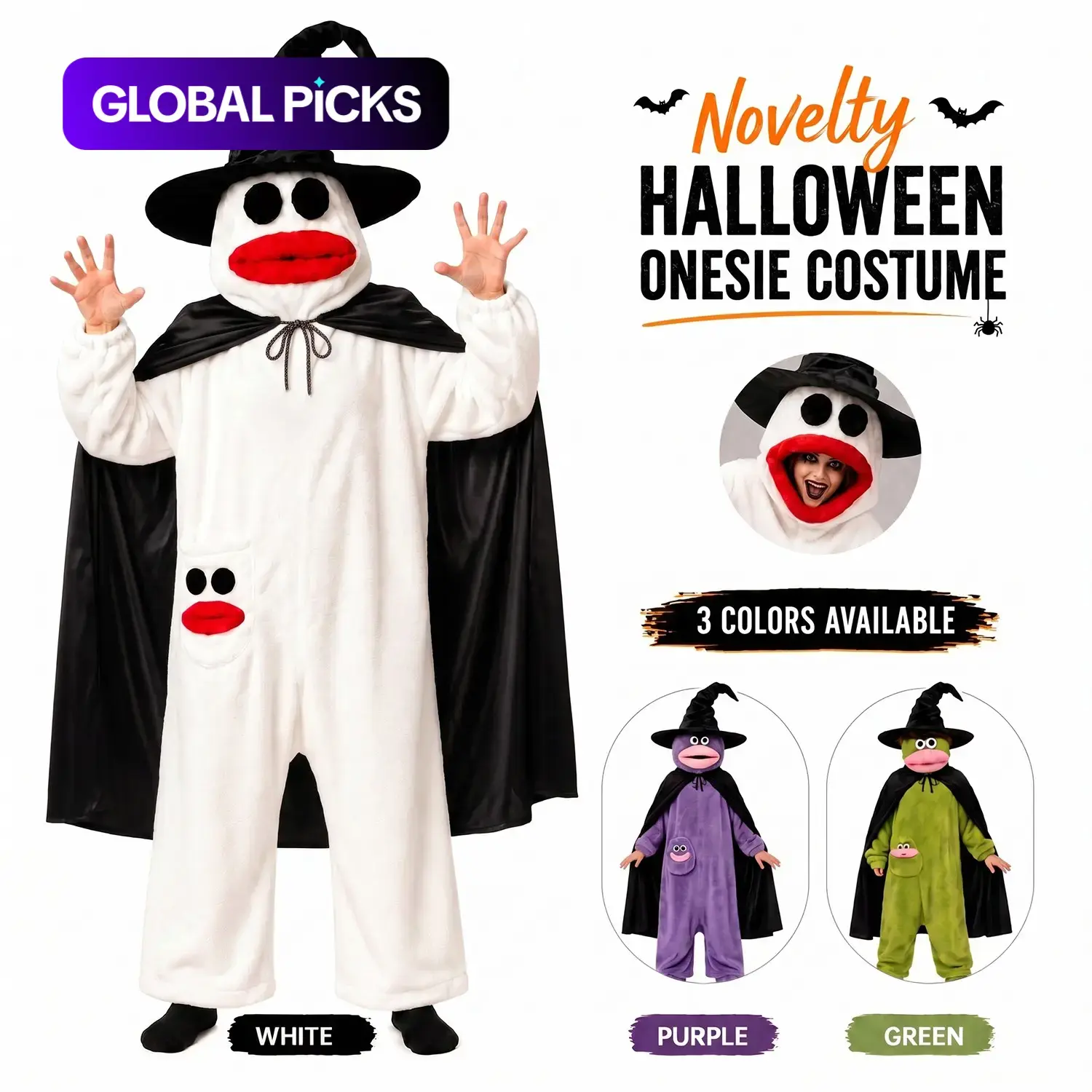 Halloween Ghost Spooky Onesie Costume with Witch Hat Cape, Cozy Plush Pajamas Loungewear for Teens Adults, Fun Party Dress Up