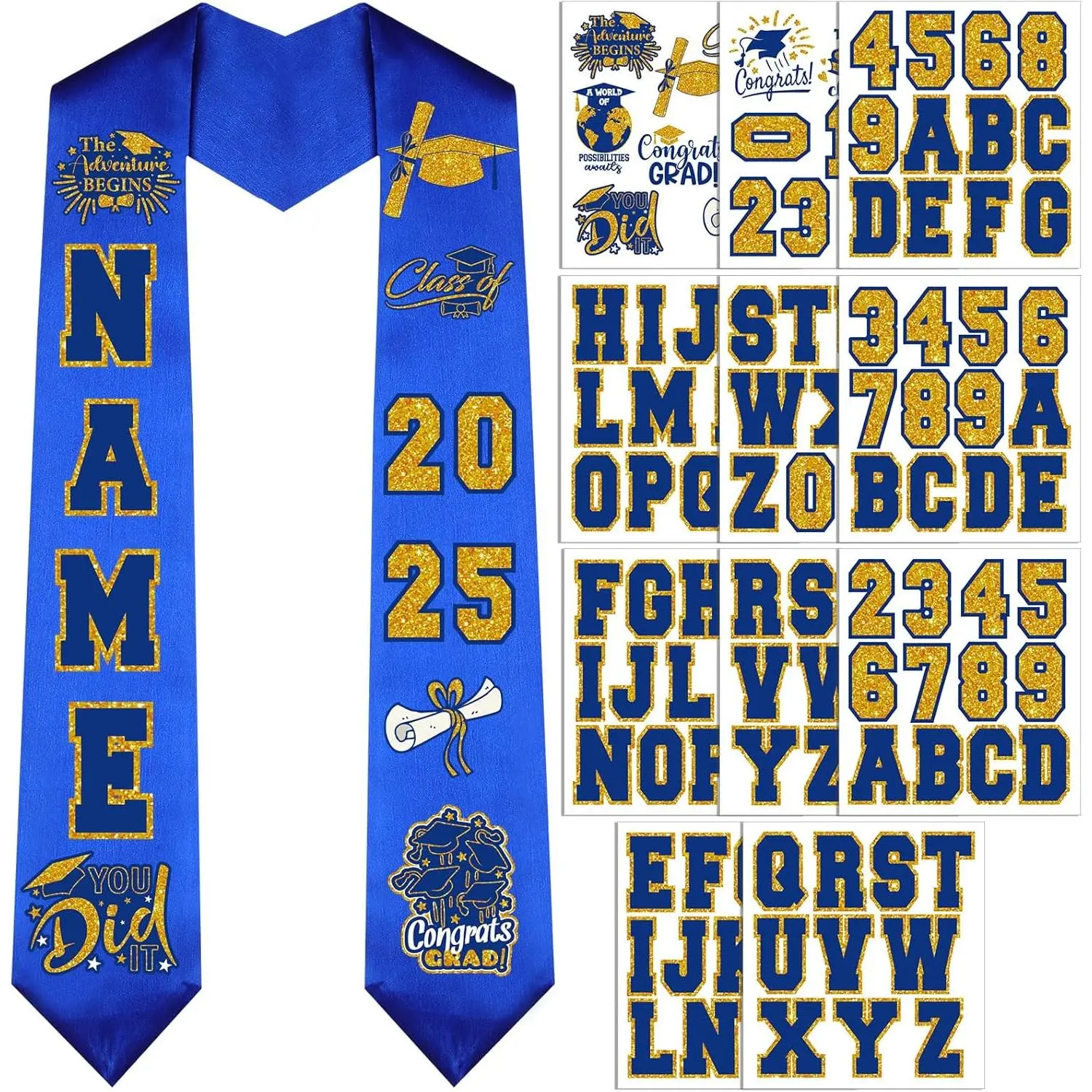 11 Sheets 2026 Graduation Senior Iron on Stickers A to Z Letter 0 to 9 Number Pattern Transfer Letters Patches Decals for Stole Sash Cap T Shirt Pillow DIY Blue Gold