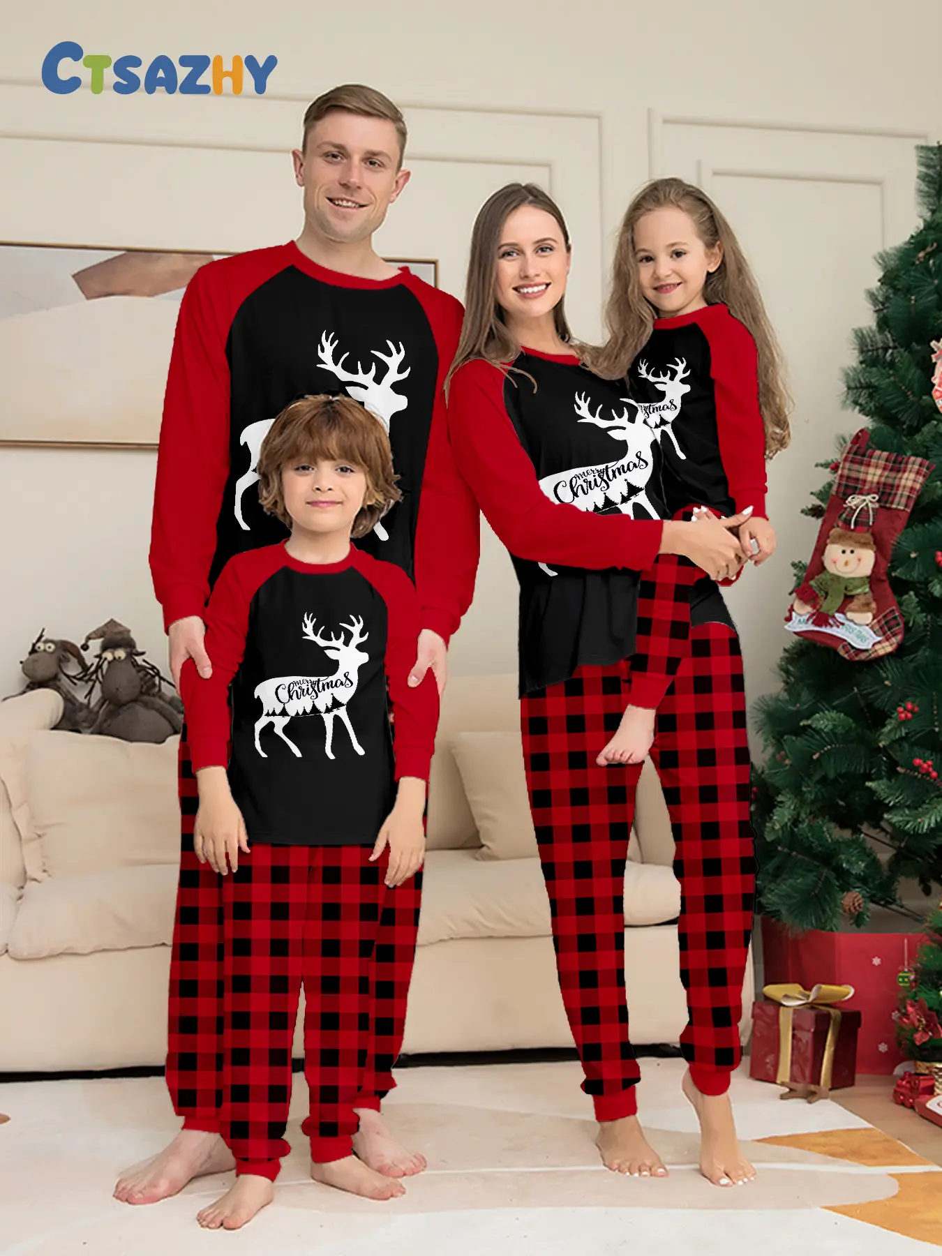 Family Christmas Pajama Set, Plaid Long Sleeve Top, Reindeer Print, Soft Comfortable, All Seasons, Adult & Kids Sizes