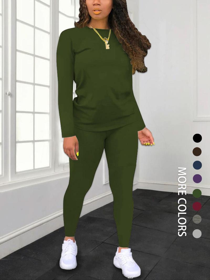 Women's Minimalist Chic Solid Long Sleeve Tee & Elastic Waist Pants Set, Lady Regular Fit Basic Casual Fitted Round Neck Longsleeves Top & Trousers for Spring & Fall, Women's Clothing for Daily Wear, Fabric Womenswear, Casual Loungewear Set