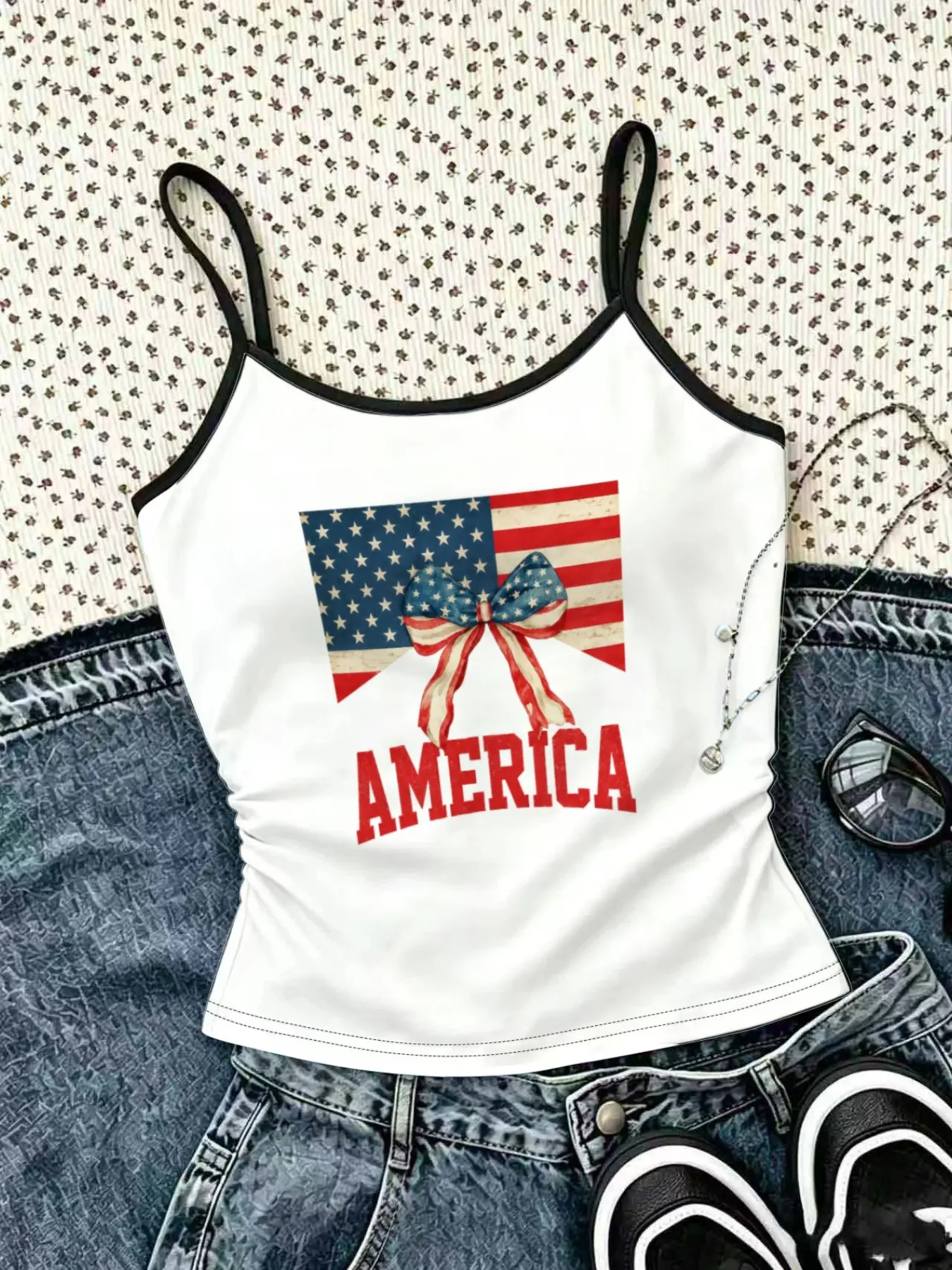 1pc girls' sleeveless vest, Tops, printed with the American flag and American-style letter patterns, with black edging adjustable shoulder straps, pleated slimming waistband, patriotic style, suitable for daily and festive wear