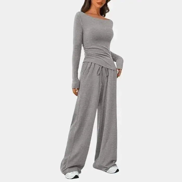 Women's 2-Piece Lounge Set Asymmetrical Long Sleeve T-Shirt & Wide Leg Pants Casual Fitted Tracksuit Loungewear Basic Minimalist Clothing with Drawstring & Pockets