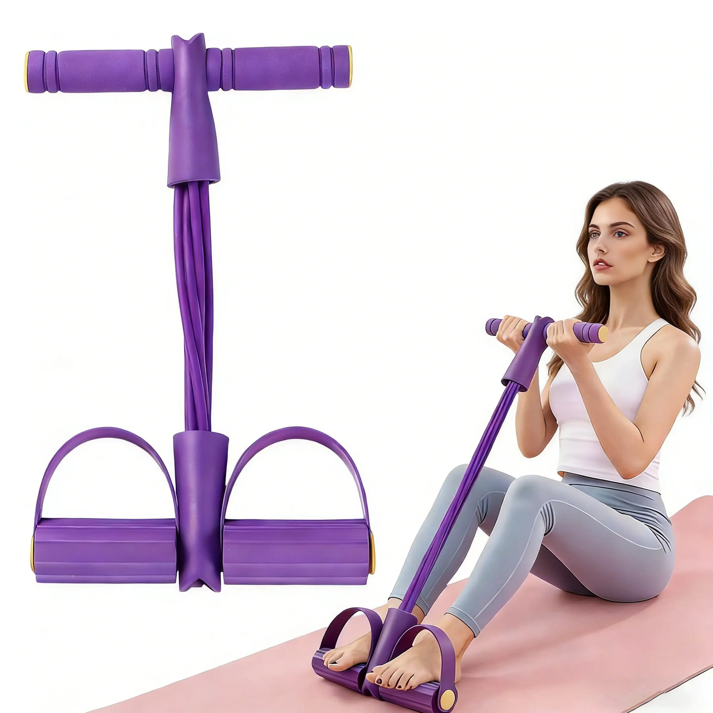 Elastic fitness tension rope, 6-tube pedal ankle puller, upgraded elastic band, foot-operated ankle and abdomen trainer, seated exercise equipment, multi-functional tension rope, men's and women's pedal resistance band