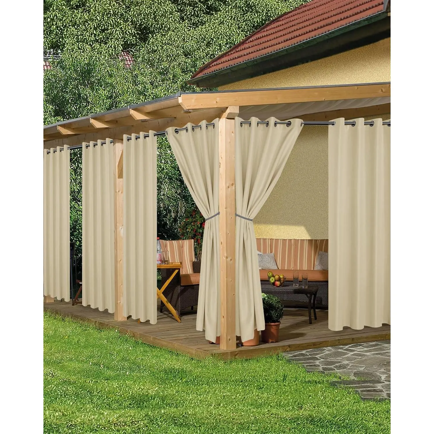 HolidayIdeas Polyester Outdoor Curtains for Patio, 6 Panels (54x84 In) - Waterproof Grommet Top Sunlight & UV Blocking Privacy Solution for Outdoor Space, Cabana (Cream)