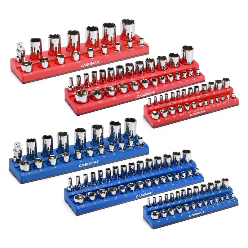Socket Organizer Kit 6 Pieces 1/2-in 3/8-in 1/4-in Drive Holds 143 Metric Sockets Red Blue Polypropylene Ferrous Metal Build Organization Storage Size Marking Durability Longevity