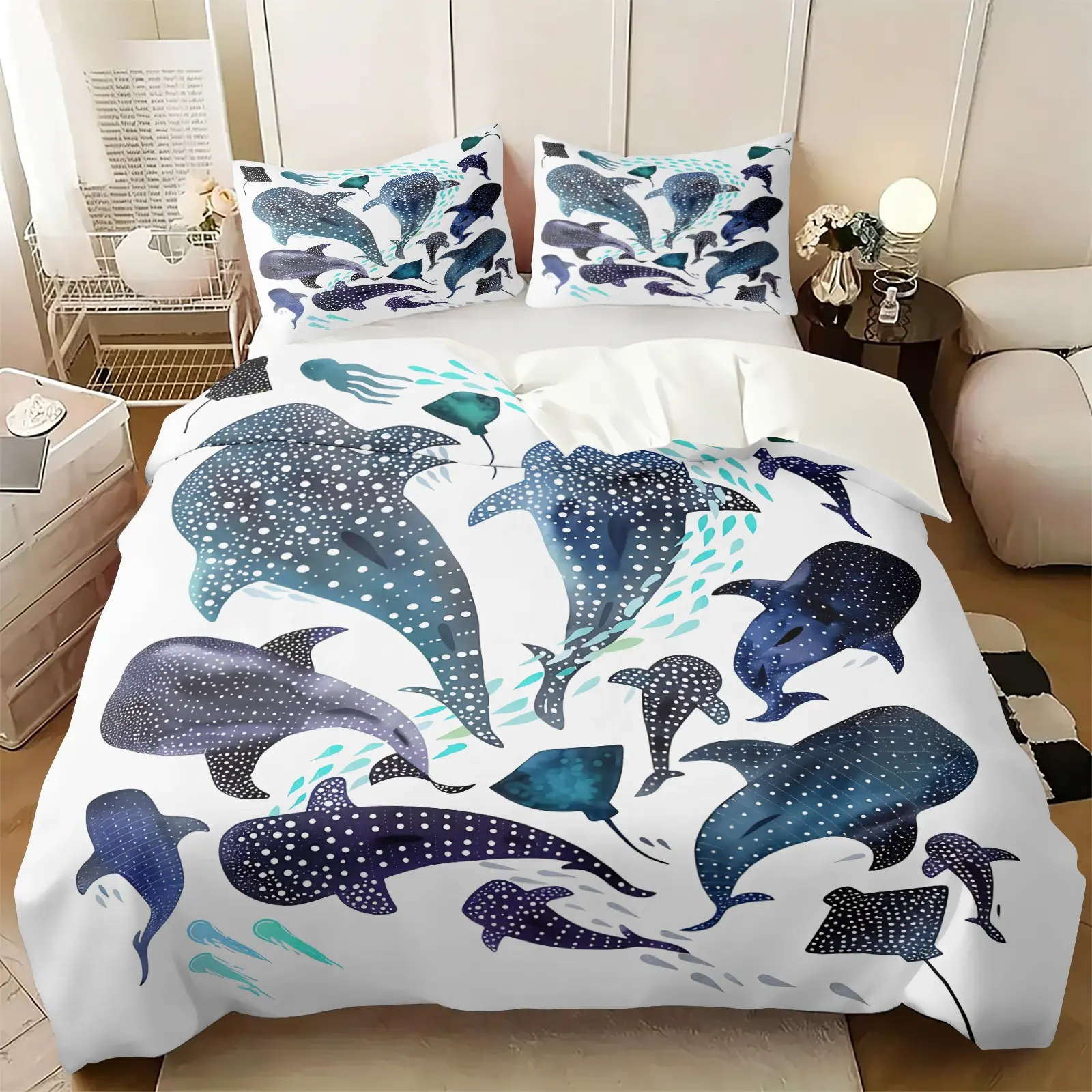 Neutral White Ocean Print Duvet Cover Set, Includes 1-2 Pillowcases, Soft Watercolor Blue Whale Shark Stingray Pattern Bed Set All Size, Soft Skin-Friendly Breathable, Unique Birthday Gift For Kids Marine Animal Fans