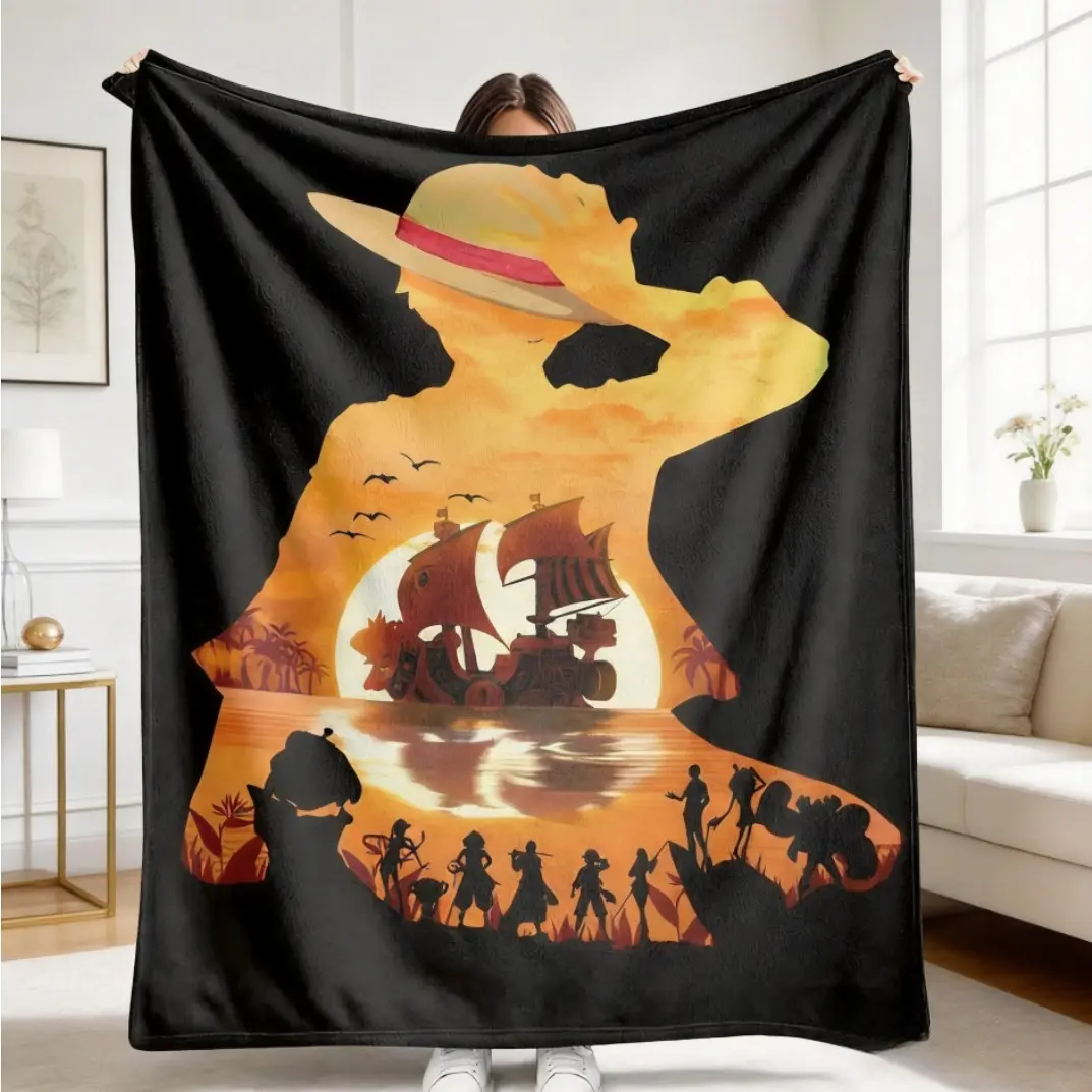 Sunset Pirate Ship Flannel Blanket Plush Soft Throw Blanket for Bed Couch Sofa, Tropical Ocean Adventure Blanket, Bedding Set Comforter Style for Adults Kids Travel Camping Home Decor Gift
