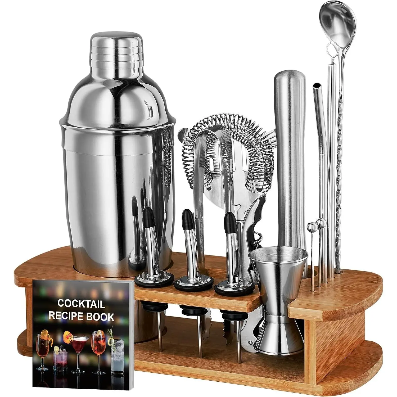 FineDine Stainless Steel Bar Set Cocktail Shaker Set Bartender Kit | Mixology kit, stainless steel bar tools, shaker tins, jigger, strainer, muddler, spoon, pourers, stand, home bartending