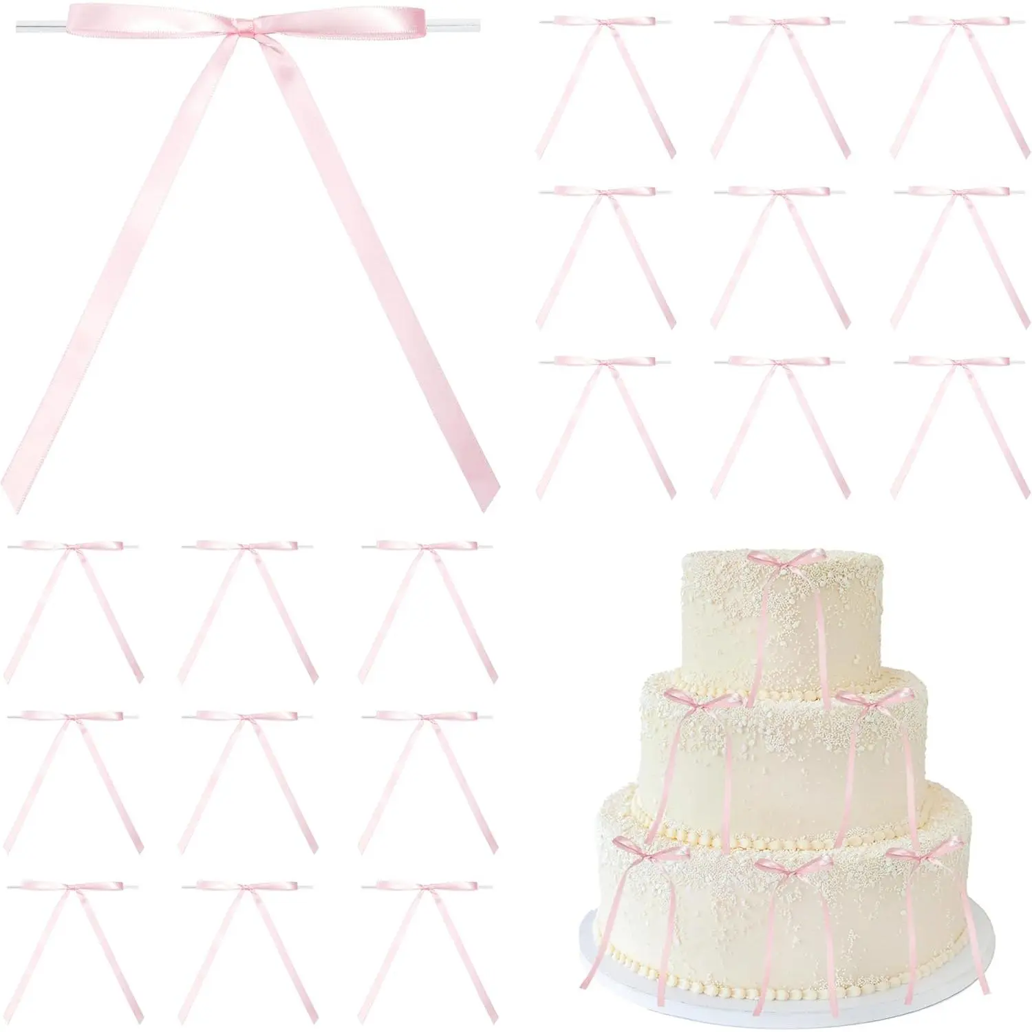 5x7 in Synthetic Modern Pre-Tied Satin Ribbon Bows with Twist Tie, 50 Pieces Small Bows for Cake Topper, Party Decorations (Birthday, Wedding)