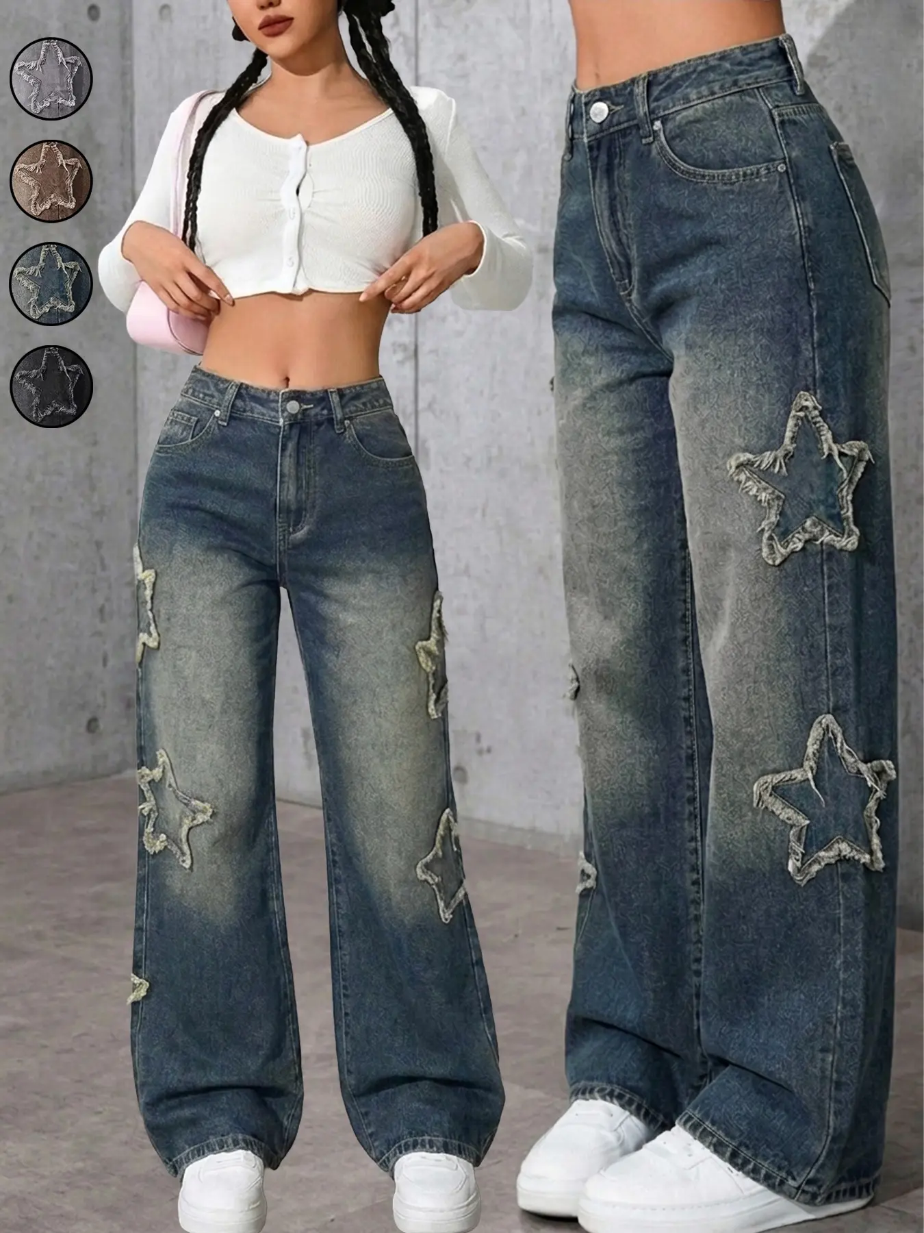 Women's Casual Streetwear Y2K Vintage Loose-Fit Baggy Star Embroidery Distressed Washed Wide-Leg Jeans, All-Season Comfortable Denim Jeans for Daily Wear