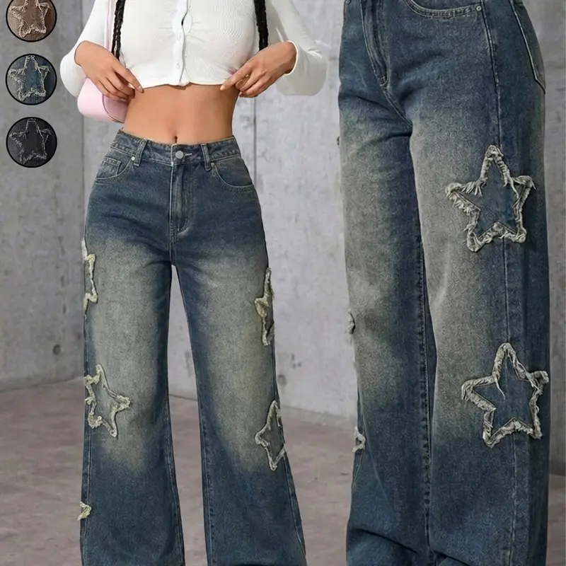 Women's All-Season Distressed Y2K Baggy Denim Jeans Pants, Vintage Wash Star Pattern, Streetwear Grunge Style