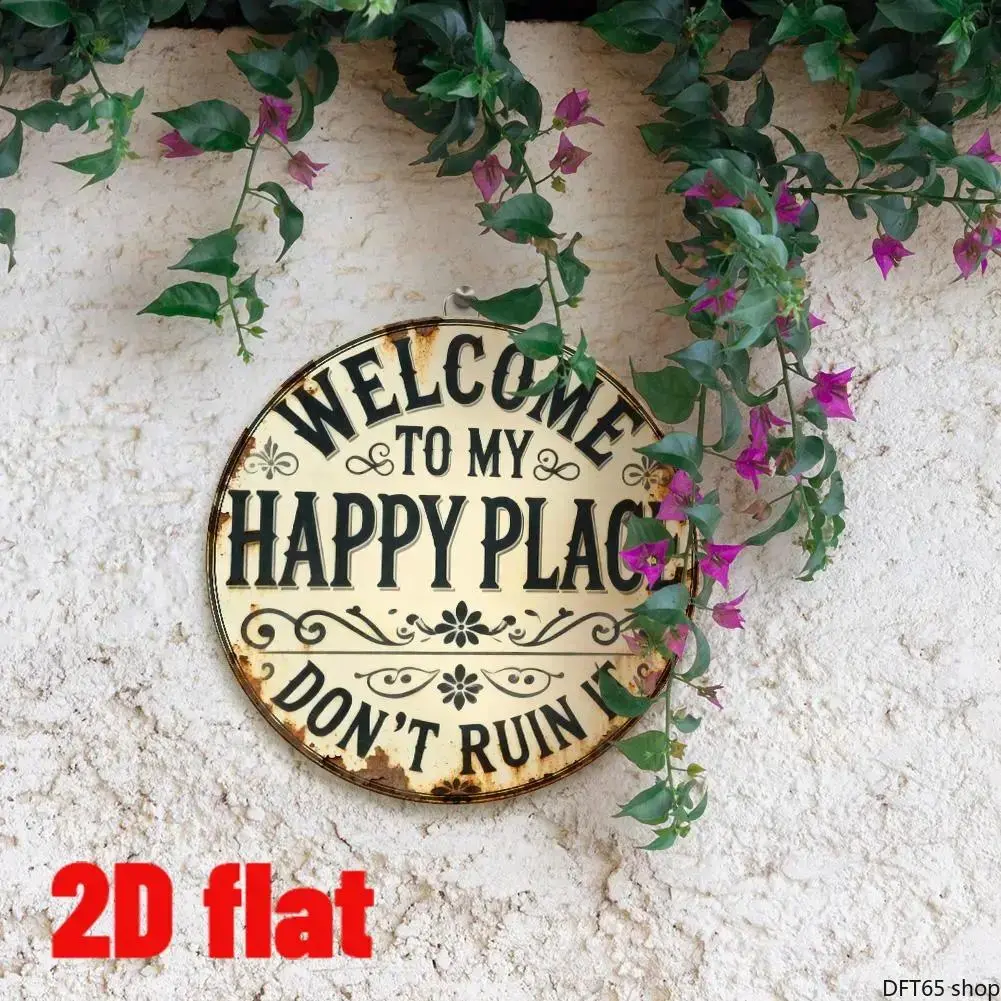 Vintage Farmhouse Style Metal Wall Sign Engraved This Is My Happy Place Text Rust Resistant Hard Alloy Material Pre-Drilled Hanging Holes Multiple Size Options For Bedroom Kitchen Dining Bar Flat Wall Rustic Gentle Decorative Plaque Accessory
