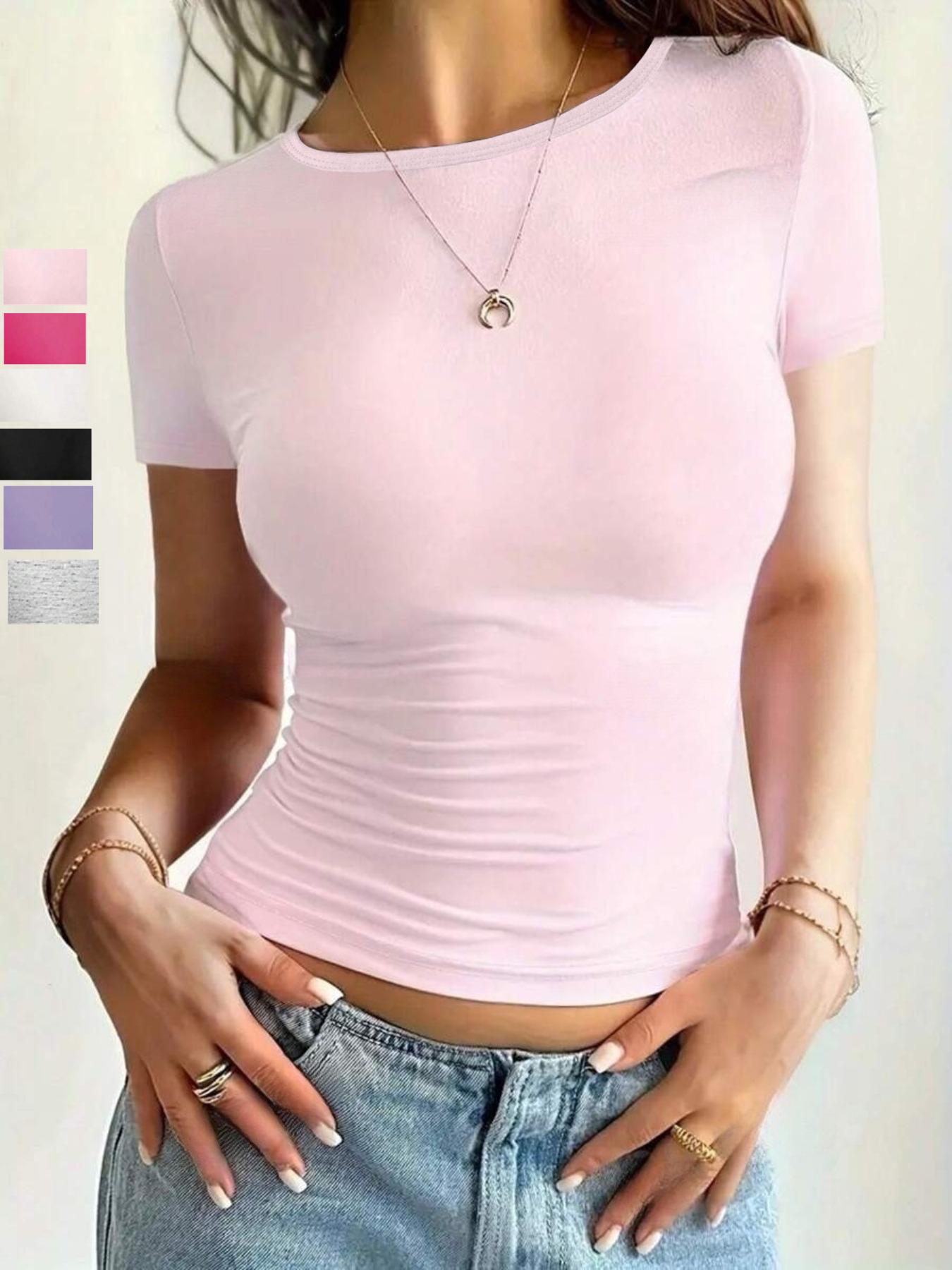 Women's Solid Round Neck Crop Tee, Casual Short Sleeve Crew Neck T-Shirt for Summer, Fashion Women's Top for Daily Wear, Casual Everyday Wear