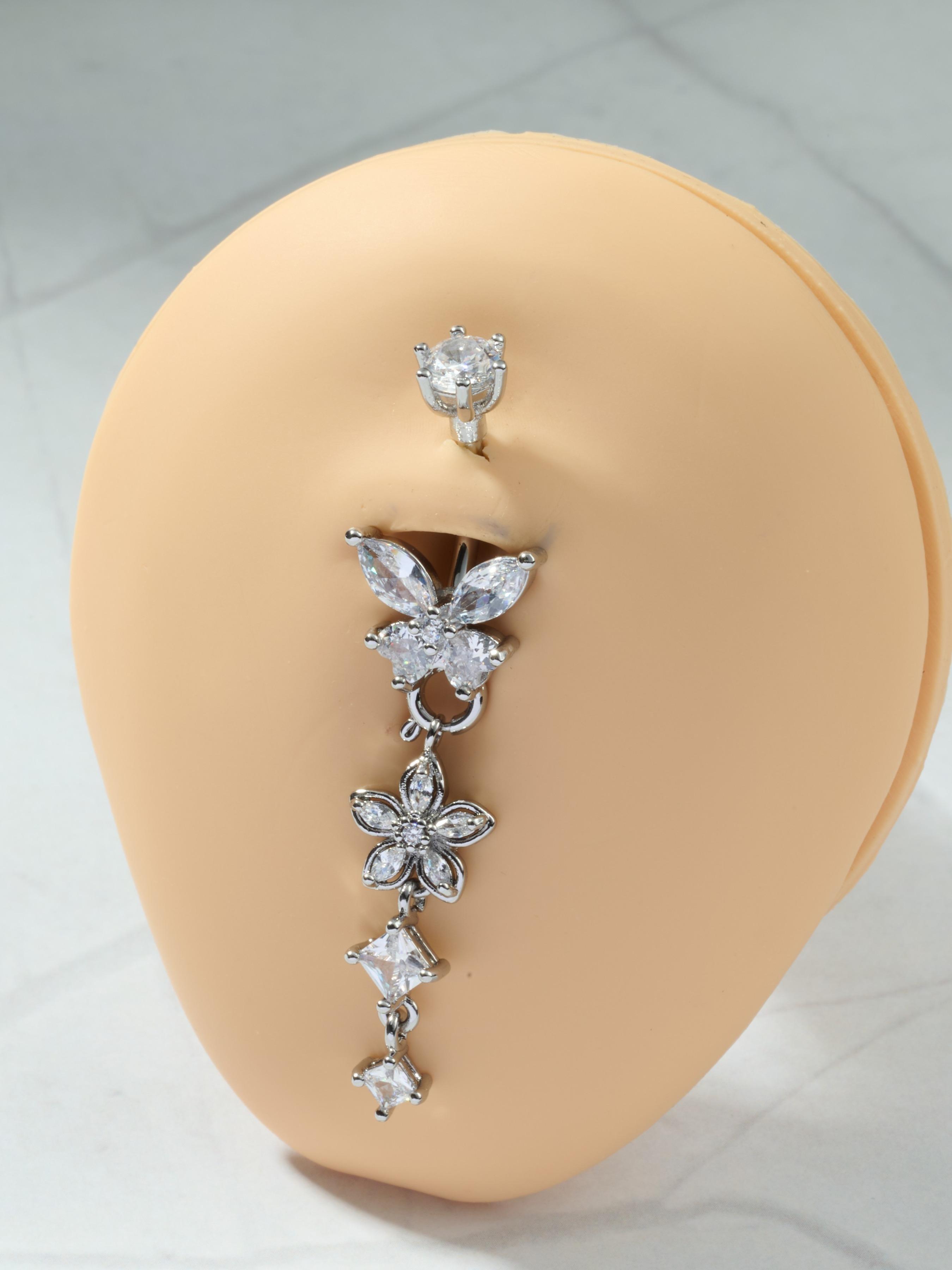 Detachable Flower Dangle Belly Button Ring Cute Butterfly Removable Belly Rings Stainteel Steel Navel Piercing Jewelry For Women, 10mm Silver Pink Purple Blue Belly Button Piercing Body Piercing 14Gauge