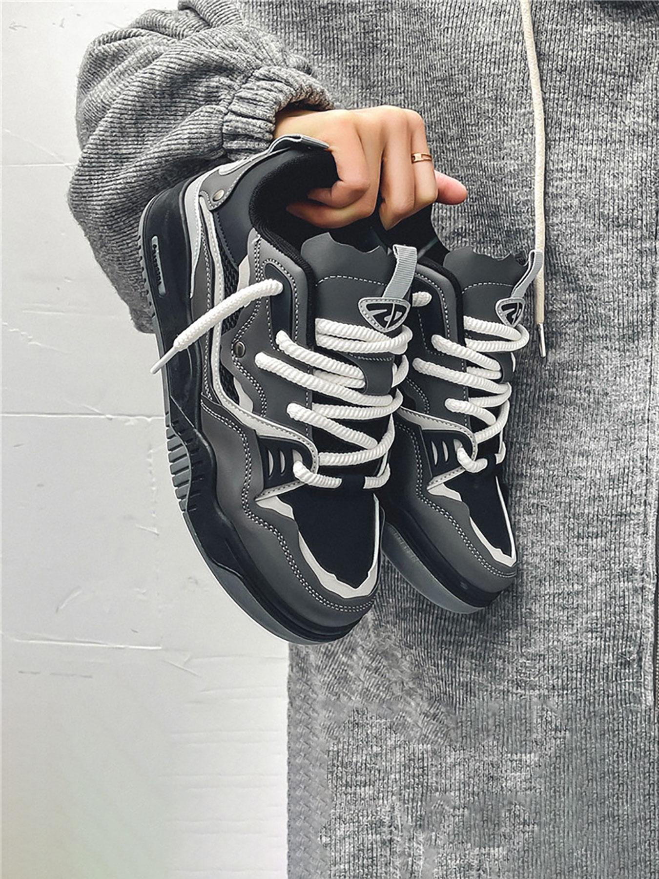 Men's Casual Thick Laces Skate Shoes, Letter Patched Design Low Top Skate Shoes, Contrast Mesh Design Platform Shoes