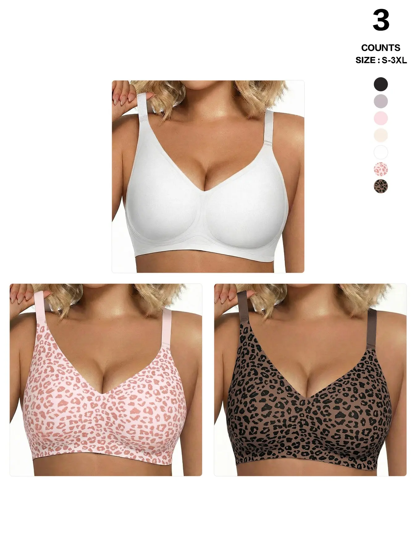 Jelly Bra Set Without Underwire, Seamless Medium Push-Up Bras, Leopard Print & Solid Colors, Comfortable Everyday Lingerie, All-Season Wear