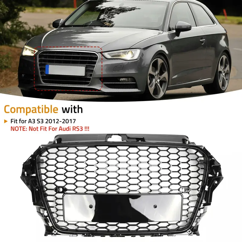 RS3 Style Honycomb Sport Front Bumper Grill Grille For Audi A3 S3 2013 2014 2015 2016 Gloss Black - Not Fit For Audi RS3