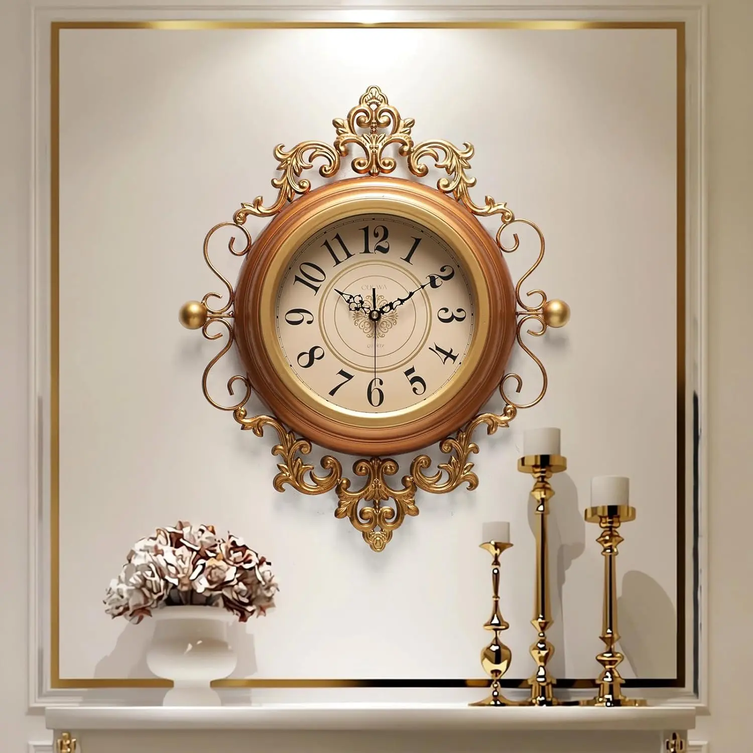 Vintage Wall Clocks Living Room,16"X19"Elegant Retro Silent Wall Clock,Decorative Antique Victorian Wall Clocks Battery Operated for Bedroom Kitchen Entryway Office Decor