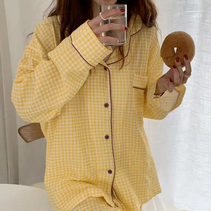Cotton Women's Pajamas Korean Sleepwear Female 2 Piece Set Pijama Plaid Nightwear Autumn Pyjamas Home Clothes Loungewear