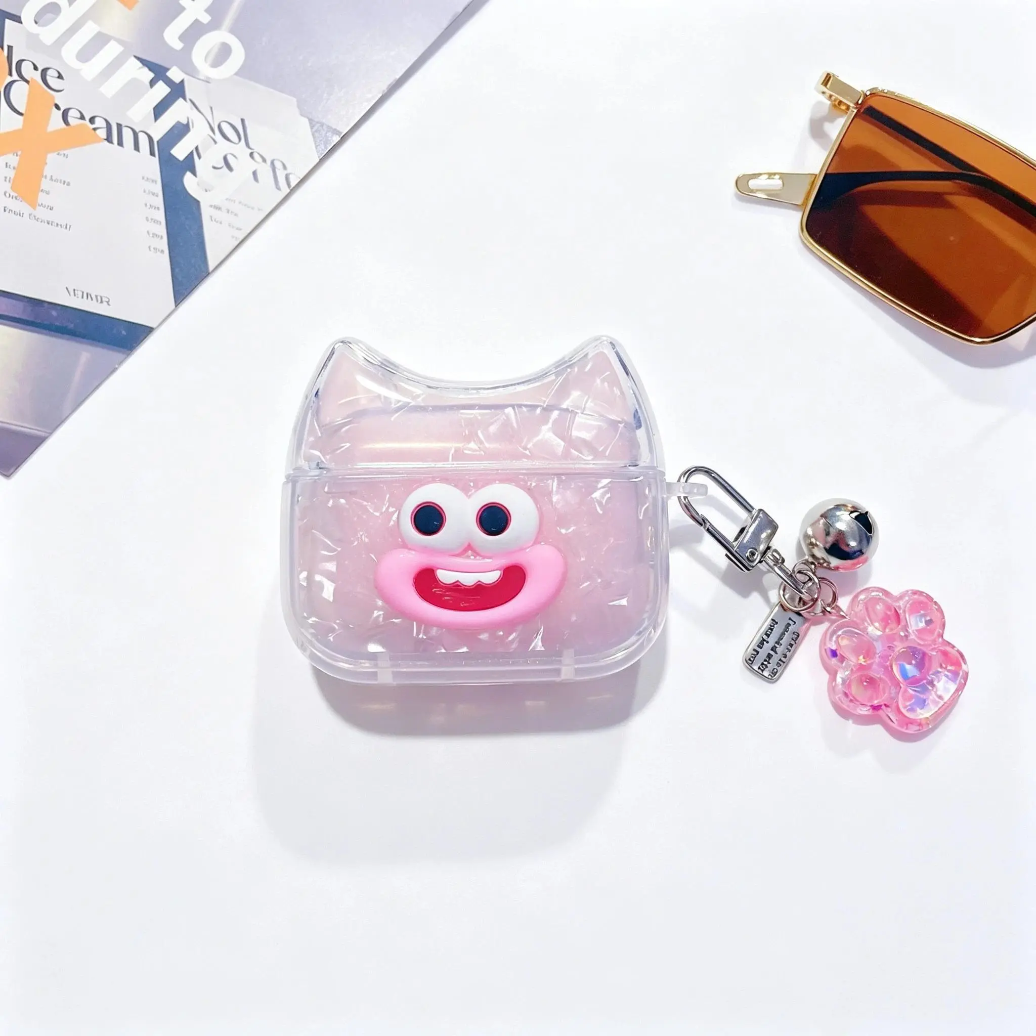 Cute monster cat ear big mouth headphone case protective cover with bell shaped keychain cartoon headphone case