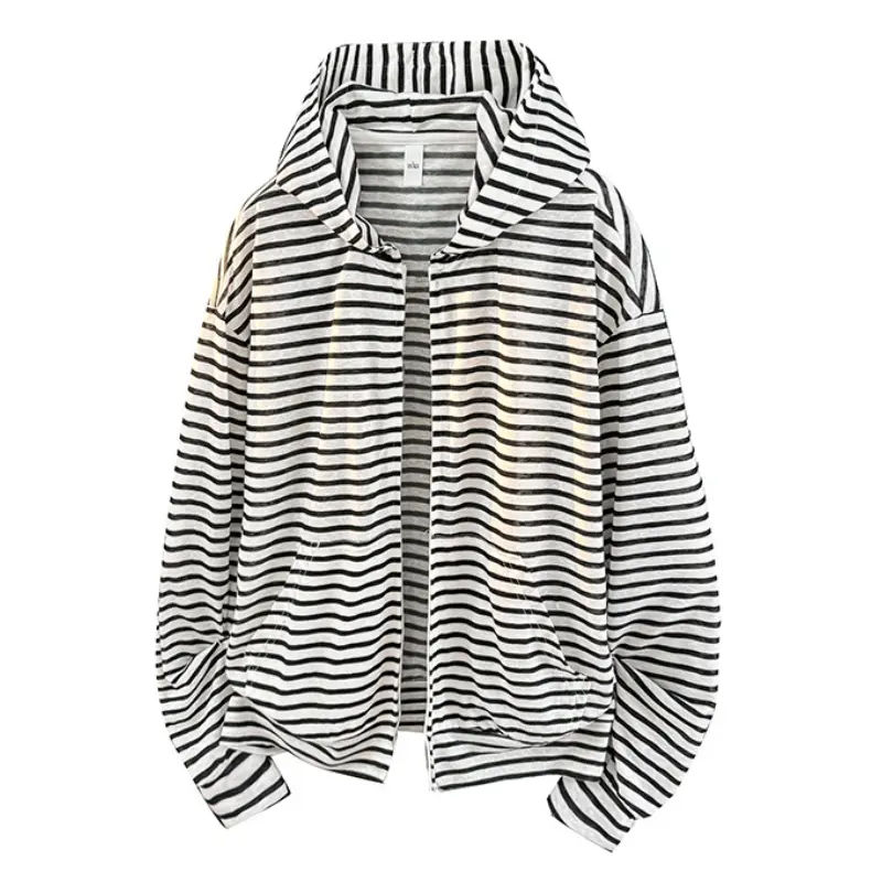 Women’s Lyocell Blend Spring & Autumn Horizontal Striped Zip-Up Hooded Jacket - Medium Length, Loose Drop Shoulder, Full Zipper, Ribbed Trims, Casual Versatile, Soft Comfortable, Machine Wash, Ideal For Daily Commute & Street Leisure, Horizontal Stripes