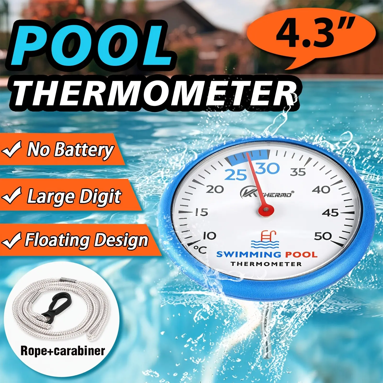 Blue Floating Pool Thermometer, Large Dial, Clear Reading, No Battery, with Lanyard, Suitable for Hot Tub, Landscape Pond, Swimming Pool, Fish Tank, Outdoor Pool Accessories