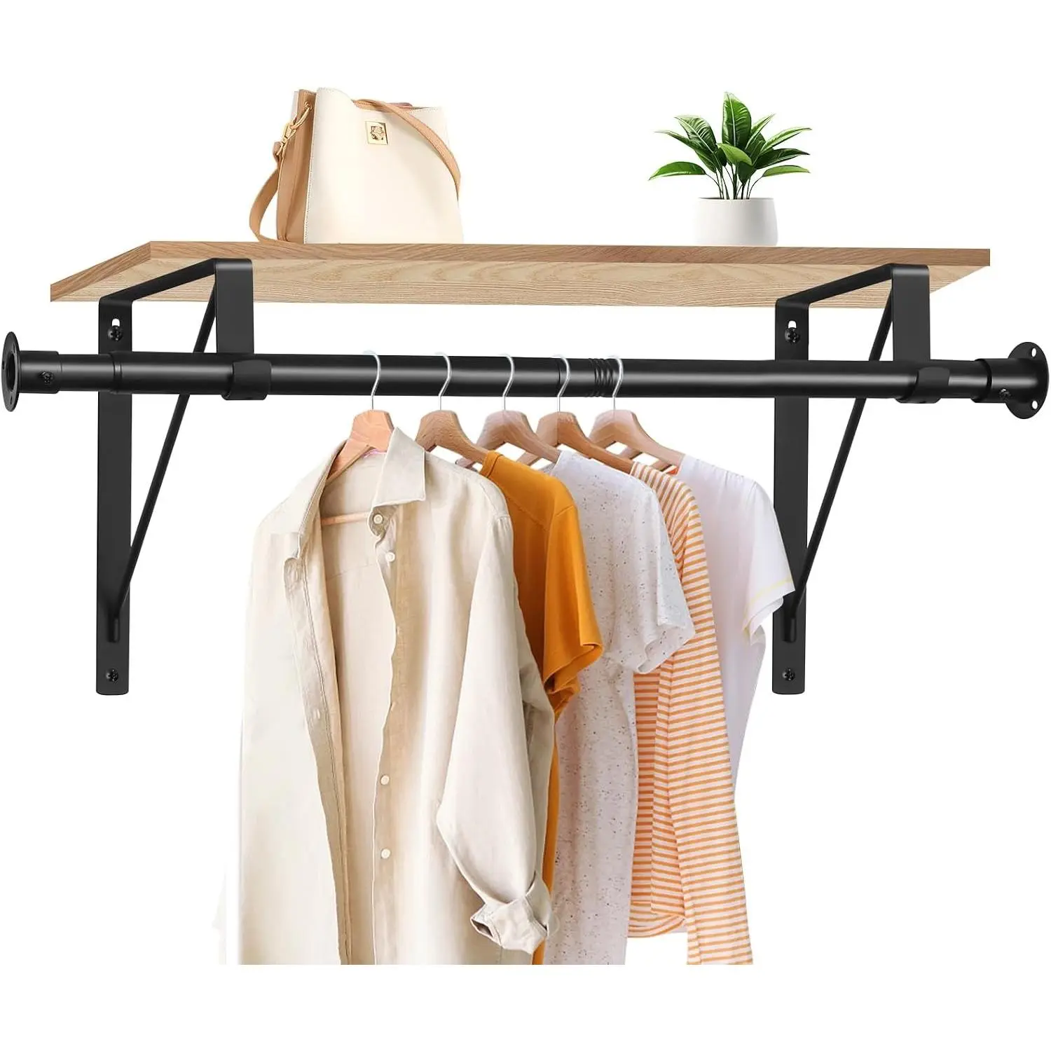 Closet Rod, 16 to 75 Inch Heavy Duty Adjustable Clothes Rod for Hanging Clothes and Heavy Duty Clothes Rod Bracket Rods Support (The Shelf NOT Included) (Black)