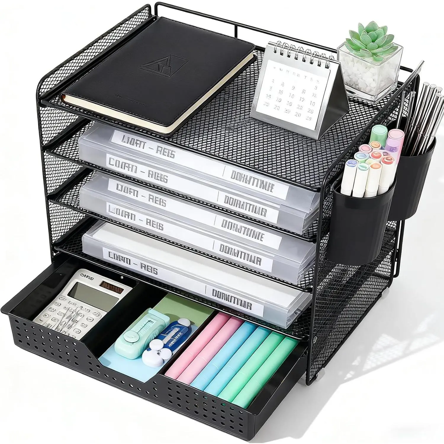 Modern Desk Organizer with 5-Tier Paper Letter Tray, Drawer & 2 Pen Holders – Office Desk Accessories for File Sorting & Supplies Storage (Black)