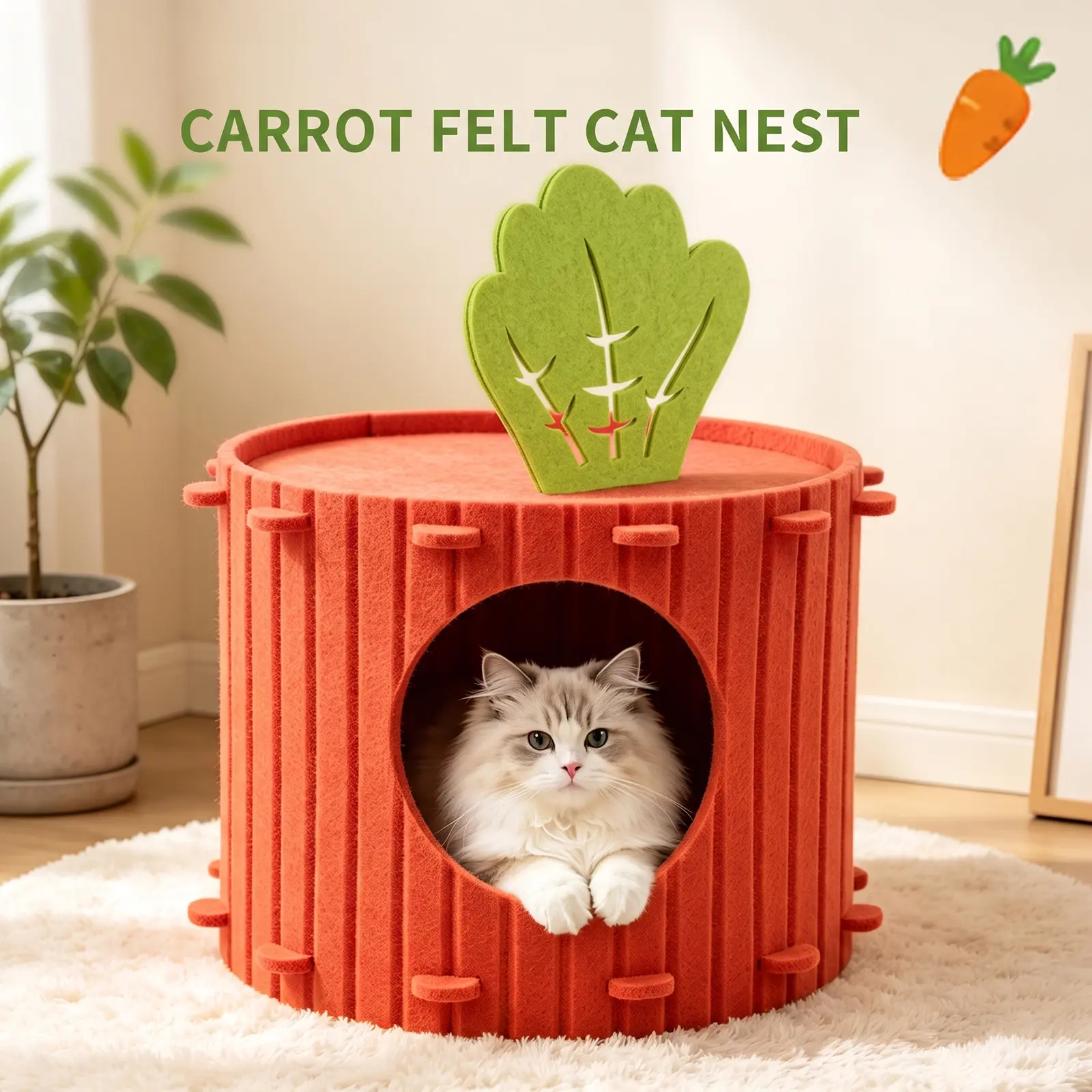 Carrot Felt Cat House Bed, Durable Cozy Cat Nest with Cute Vegetable Design, Soft Felt Hideaway Shelter for Cats & Kittens