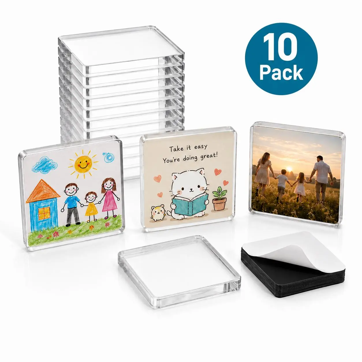Square Acrylic Fridge Magnet Kit, 2"x2 Clear DIY Photo Magnets with Self-Adhesive Backing for Crafts, Party Favors, Kitchen & Office Decor