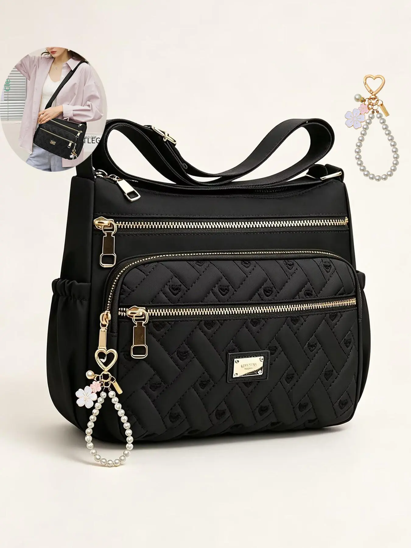 Heart Embroidery Pearl Zipper Women's Shoulder Crossbody Bag, Large Capacity, Ideal for Outing, Work, Party, Designer Bag