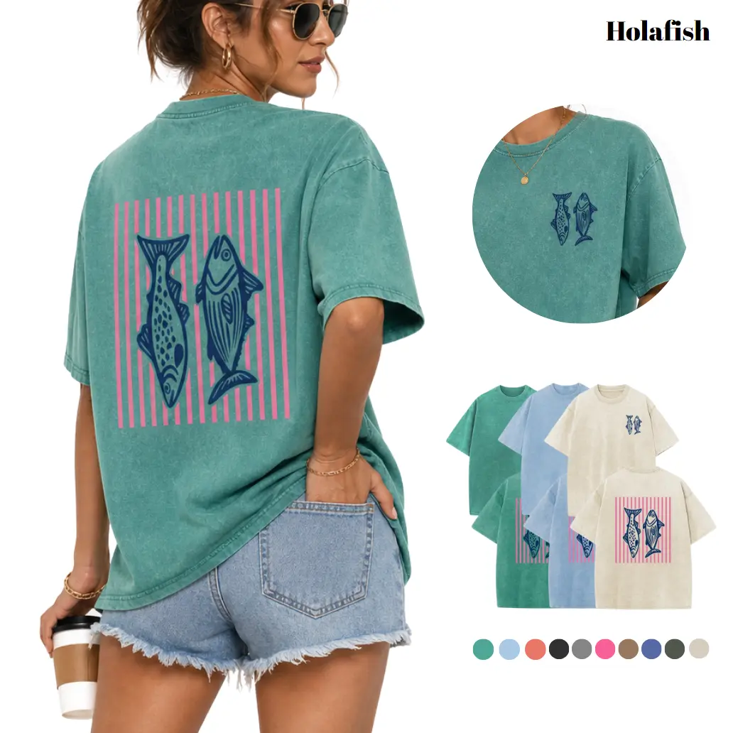 Holafish 2026 Pure Cotton Dual‑Side Fish Graphic Acid Wash T‑Shirt Retro Pink Striped Printed Unisex Fashion Tees summervibes Casual Top