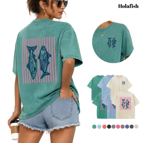Holafish 2026 Pure Cotton Dual‑Side Fish Graphic Acid Wash T‑Shirt Retro Pink Striped Printed Unisex Fashion Tees summervibes Casual Top