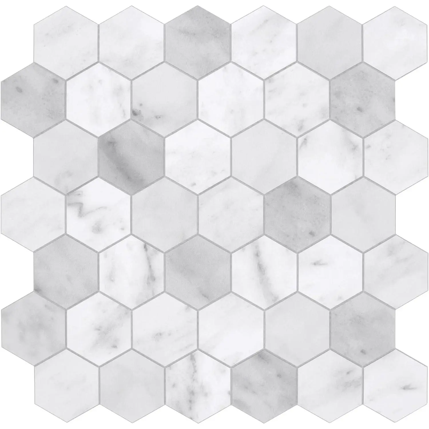 10-Sheet Classic Flat Hexagonal Carrara White Contemporary Geometric Peel-and-Stick Backsplash, Stone Composite Waterproof Stain-Resistant Self-Adhesive Wall Tile for Kitchen, Bathroom, 9 Sq Ft Coverage