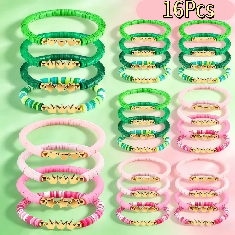 16Pcs Mixed Women'S Handmade Green Pink Clay Beads Bracelet Set, Witch Themed Beaded Stretch Bracelet, Y2K Suitable for Festival Party Favors Witch Party Decor Friendship Gifts, for Daily Occasions, for Halloween