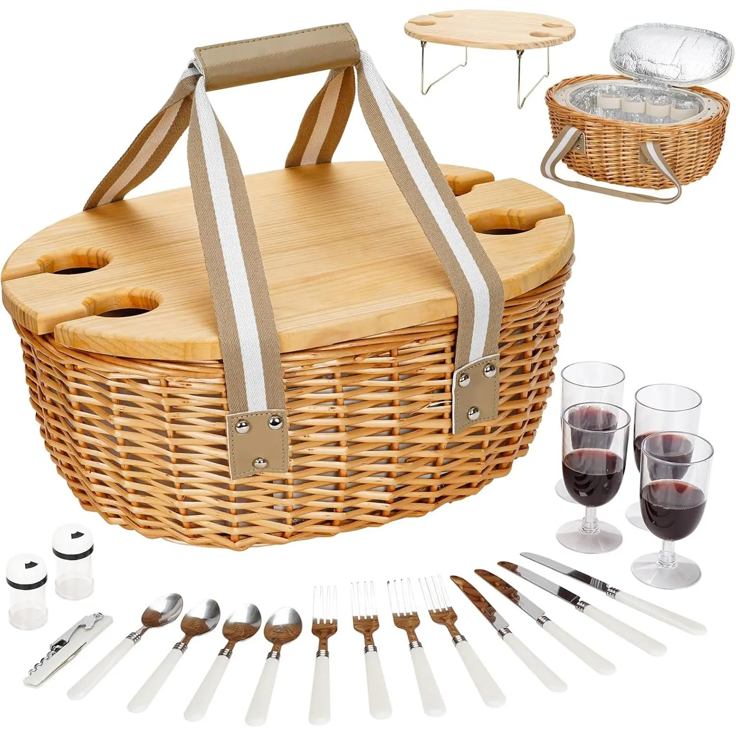 4-Person Willow Wicker Outdoor Picnic Kit - Insulated Cooler Bag, Wine Table Included for Camping, Party (Beige)