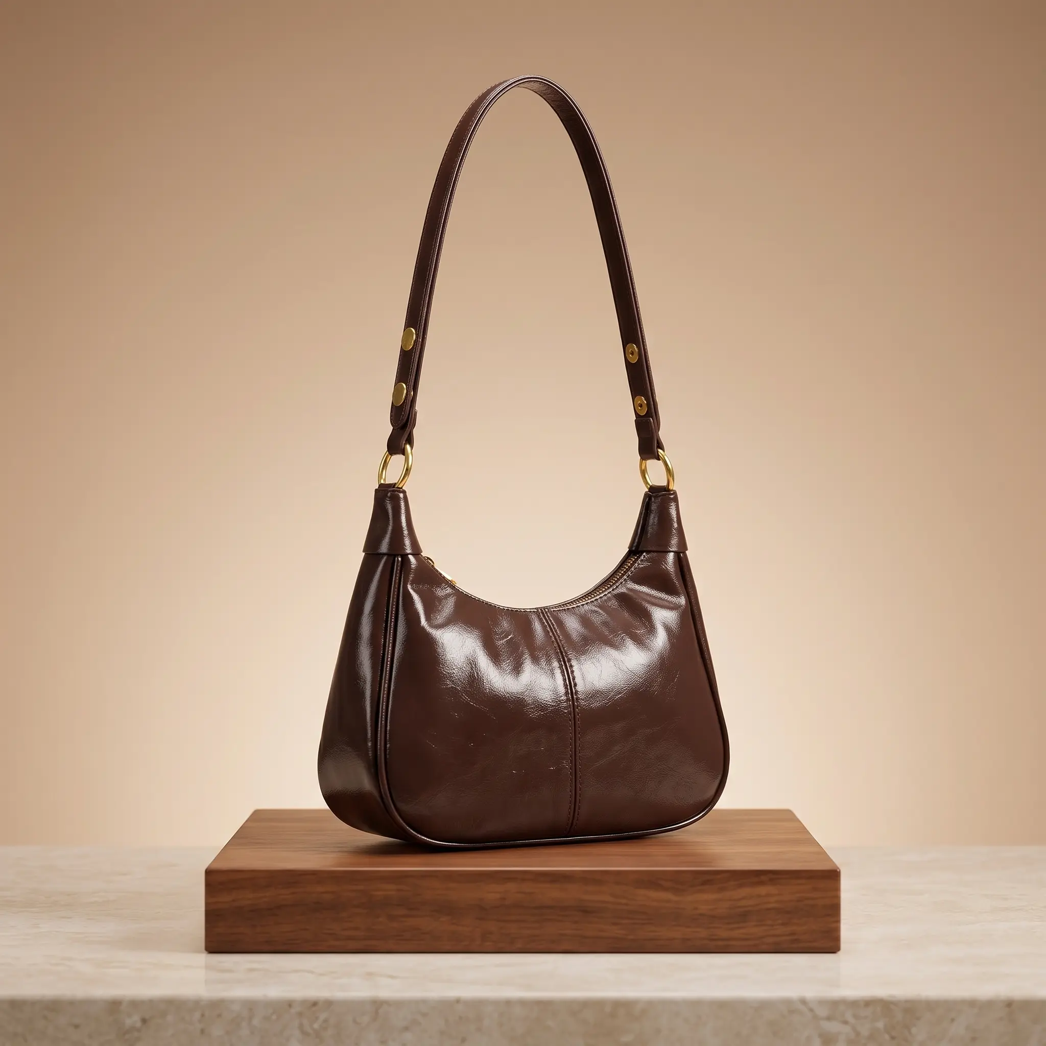 Women's Small Retro Crescent Vegan Leather Hobo Shoulder Bag - Brown, Adjustable Strap, Zipper Closure, Minimalist Design - Female Bag for Evening Wear, Shoulder Carry, Casual Daily Use, Small Size