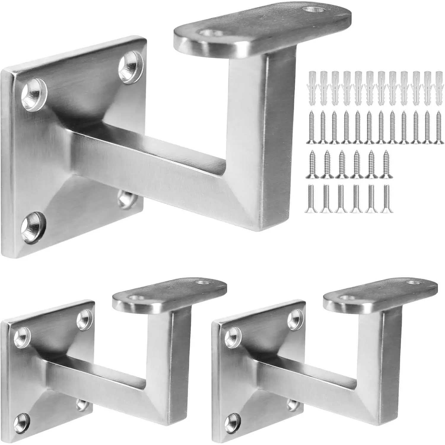 304 Stainless Steel Stair Railing Bracket Support, Heavy-Duty Wall-Mount for Square/Flat Rails, Rust-Resistant Satin Finish for Indoor/Outdoor Wall Surfaces - 3 Pack
