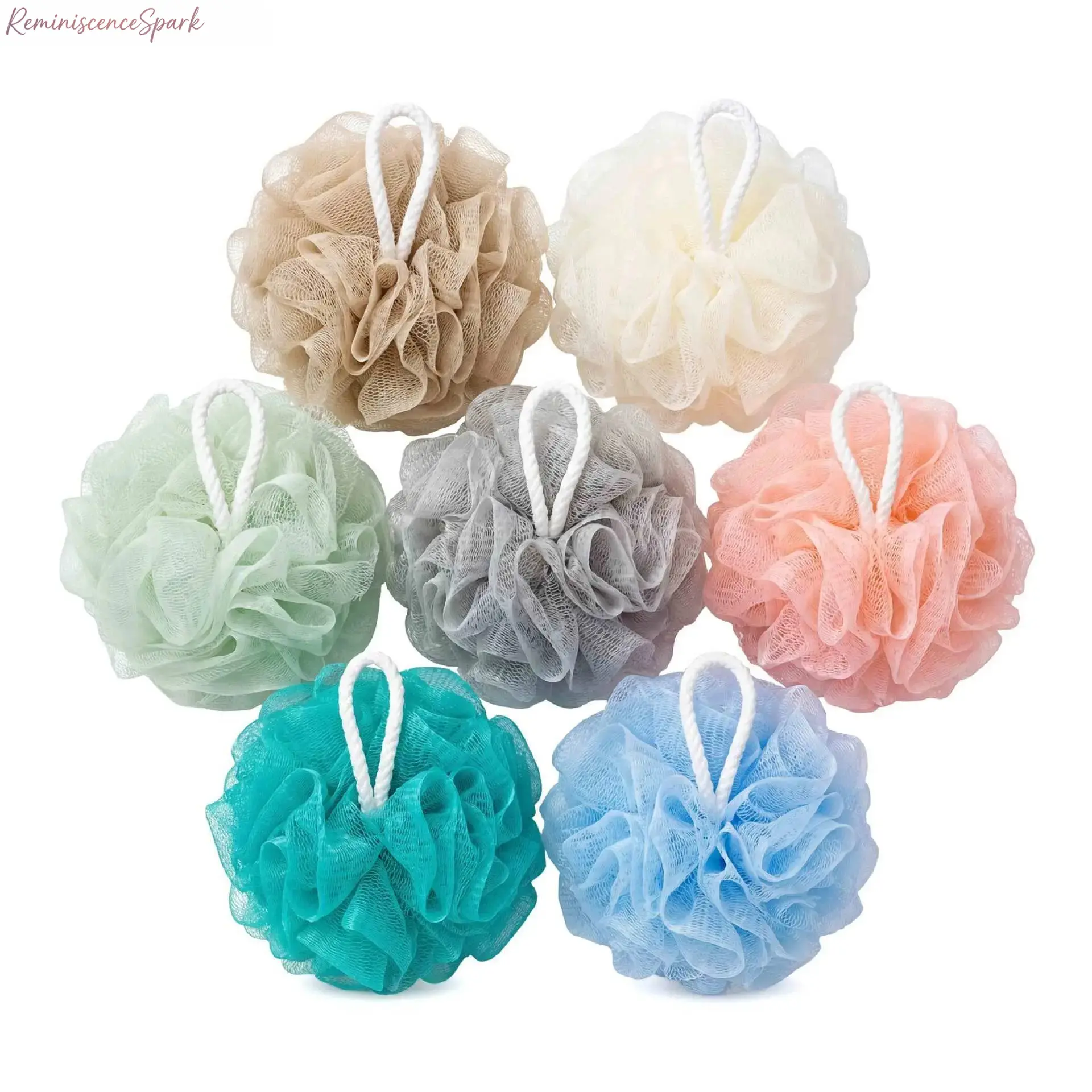7-Pack Large Unisex Bath Loofah Sponge, Soft Mesh Exfoliating Shower Pouf Body Scrubber, Hangable Design with Cotton Hanging Rope, Family Sized Bathroom Accessory for Home Shower & Spa Bath Use