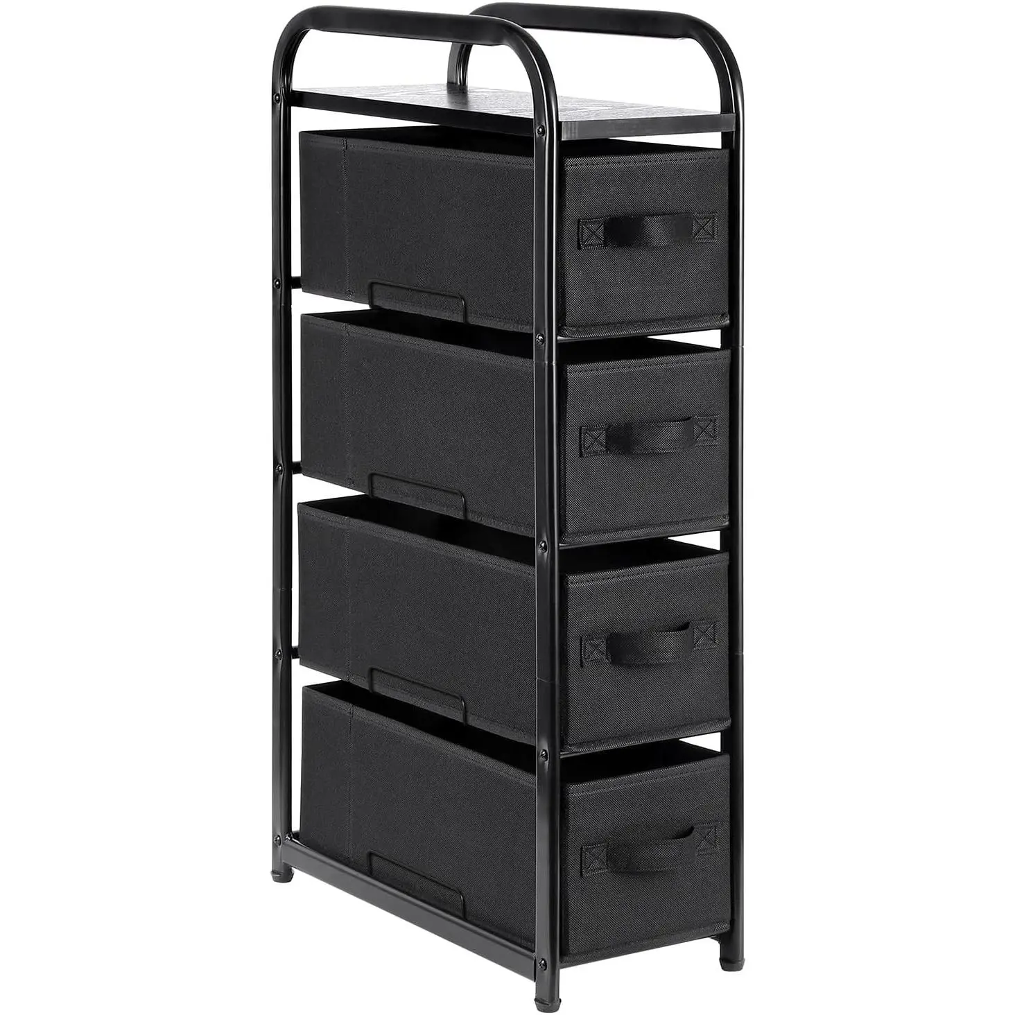 4 Drawer Narrow Dresser Fabric Storage Tower Vertical Slim Storage Chest Organizer Nightstand Side/End Table Small Standing Organizer Removable Drawers Wood Top for Bedroom, Bathroom (Black)