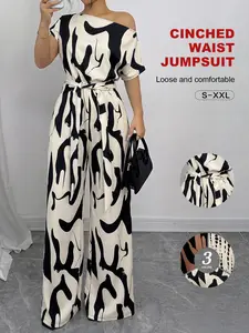 Women's off Shoulder Short Sleeve Jumpsuit, Abstract Print Self Tie Belt, Wide Leg Long Jumpsuit, Elegant Casual Party, Sizes S-Xxl, 3 Colors