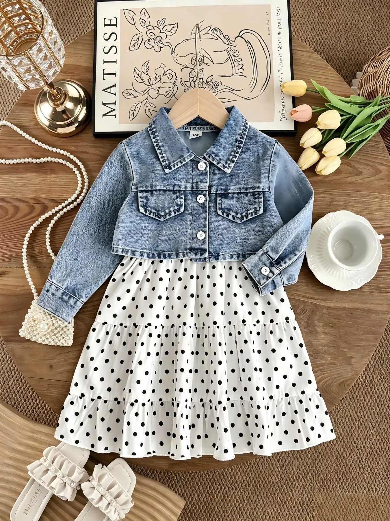 Two-Piece Baby Girl Spring Summer Soft Flowing Polka Dot Dress + Denim Outer Set Clothing, Cute Baby Casual Gentle Style Outfits Clothes
