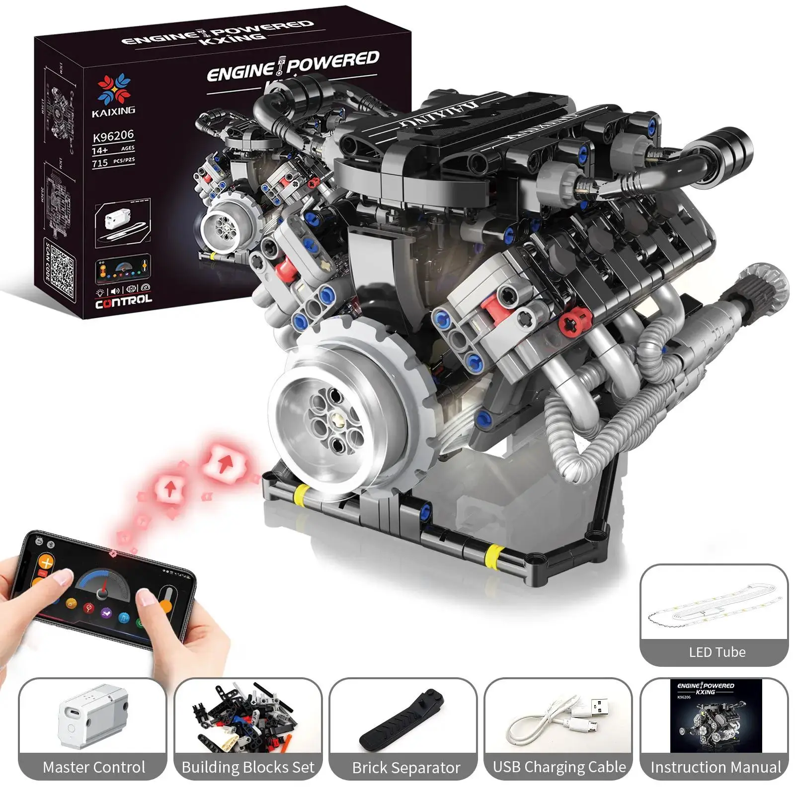 V8 Engine Building Kit Simulation Mechanical Blocks with Motor Programmable Smartphone Remote LED Lights Suitable for Ages 14+, Kids Collectors DIY Engineering Model