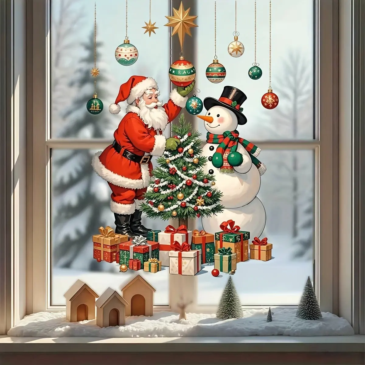 Christmas PVC Glass Sticker, DIY Self-Adhesive Removable Window Decal, Santa Snowman Tree Ball, Home Decor for Living Room Bedroom Dining Room