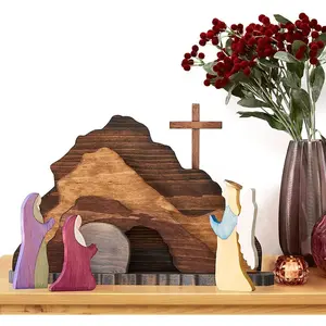 Easter Scene Wooden Decoration, Religious Jesus Nativity Manger Creche, Montessori Inspired Spring Christian Home Figurine Ornament Cross, Easter Craft for Wedding Home Decor