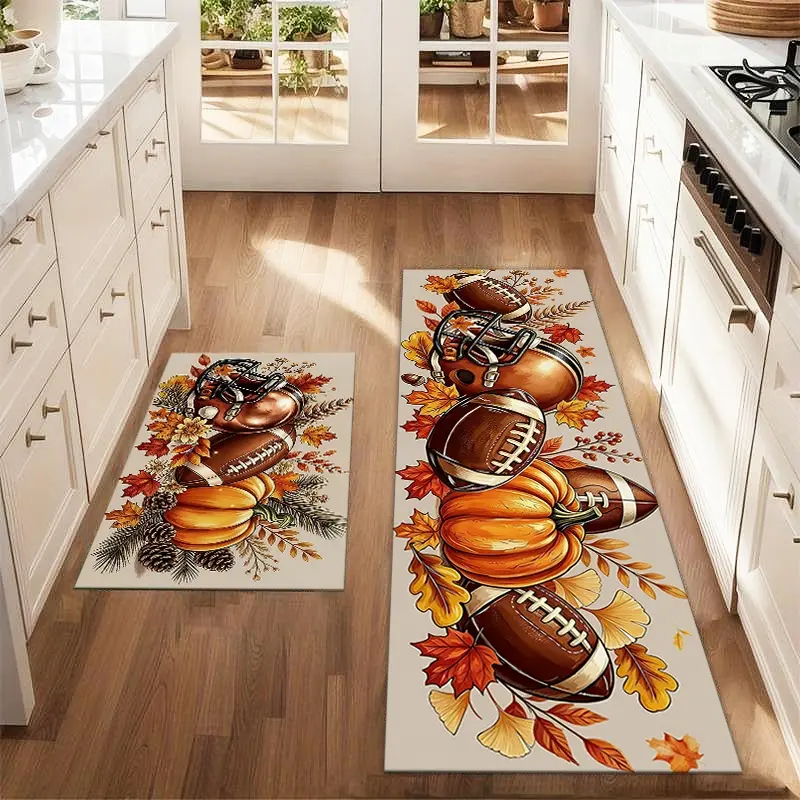 2Pcs Autumn Pumpkin And Maple Leaf Volleyball Mat Set Farmhouse Kitchen Carpet Dining Room Floor Laundry Room Decorative Carpet Mat